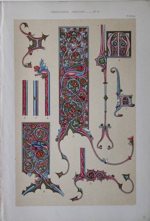 Tymms and Digby Wyatt - Chromolithographic print from the Art of Illuminating 1860: This beautiful chromolithographic print isfrom The Art of Illuminating as Practised in Europe from the Earliest Times by W R Tymms and M Digby Wyatt. Published by Day & Son, London 1860. 1st Edition.