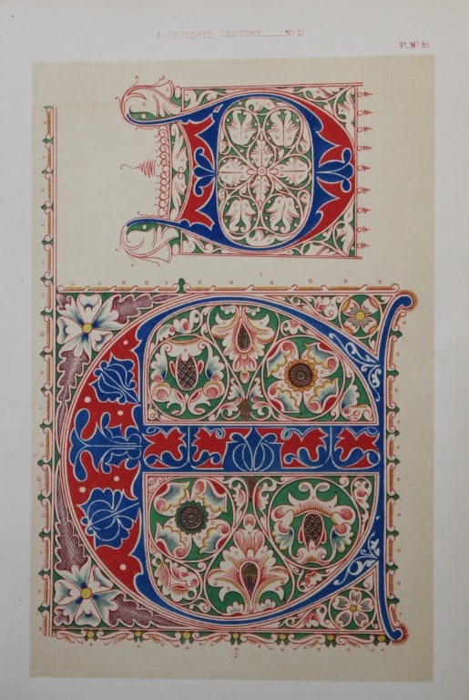 Tymms and Digby Wyatt - Chromolithographic print from the Art of Illuminating 1860: This beautiful chromolithographic print isfrom The Art of Illuminating as Practised in Europe from the Earliest Times by W R Tymms and M Digby Wyatt. Published by Day & Son, London 1860. 1st Edition.
