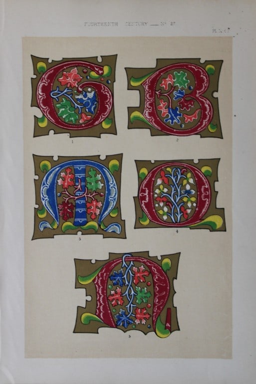 Tymms and Digby Wyatt - Chromolithographic print from the Art of Illuminating 1860: This beautiful chromolithographic print isfrom The Art of Illuminating as Practised in Europe from the Earliest Times by W R Tymms and M Digby Wyatt. Published by Day & Son, London 1860. 1st Edition.