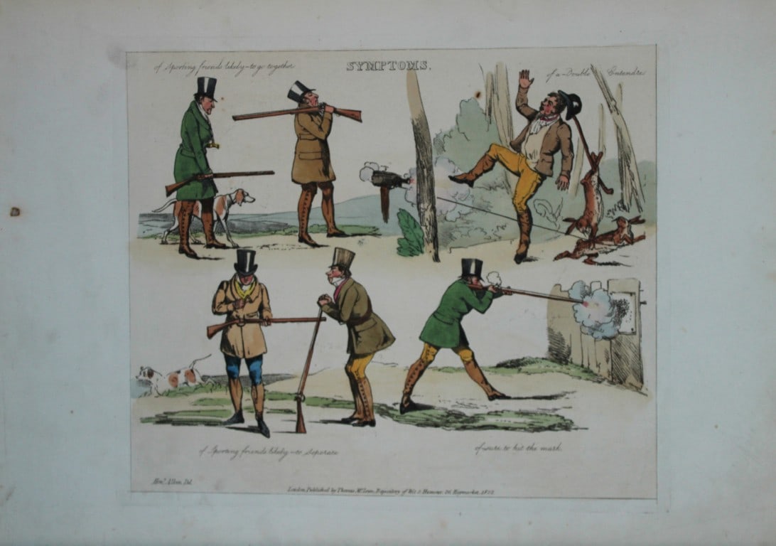 Henry Alken - Etching from Symptoms of being amused 1822: Original hand coloured soft ground etching from Symptoms Of Being Amused by Henry Aklen, published by Thomas McLean, London 1822. Henry Alken was born in London in 1784 into a family which became cele