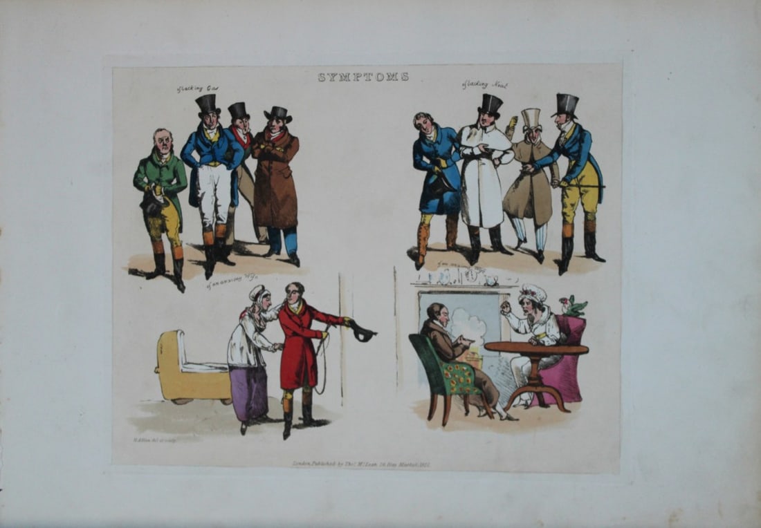 Henry Alken - Etching from Symptoms of being amused 1822: Original hand coloured soft ground etching from Symptoms Of Being Amused by Henry Aklen, published by Thomas McLean, London 1822. Henry Alken was born in London in 1784 into a family which became cele