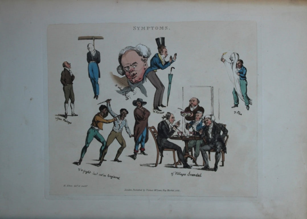 Henry Alken - Etching from Symptoms of being amused 1822: Original hand coloured soft ground etching from Symptoms Of Being Amused by Henry Aklen, published by Thomas McLean, London 1822. Henry Alken was born in London in 1784 into a family which became cele