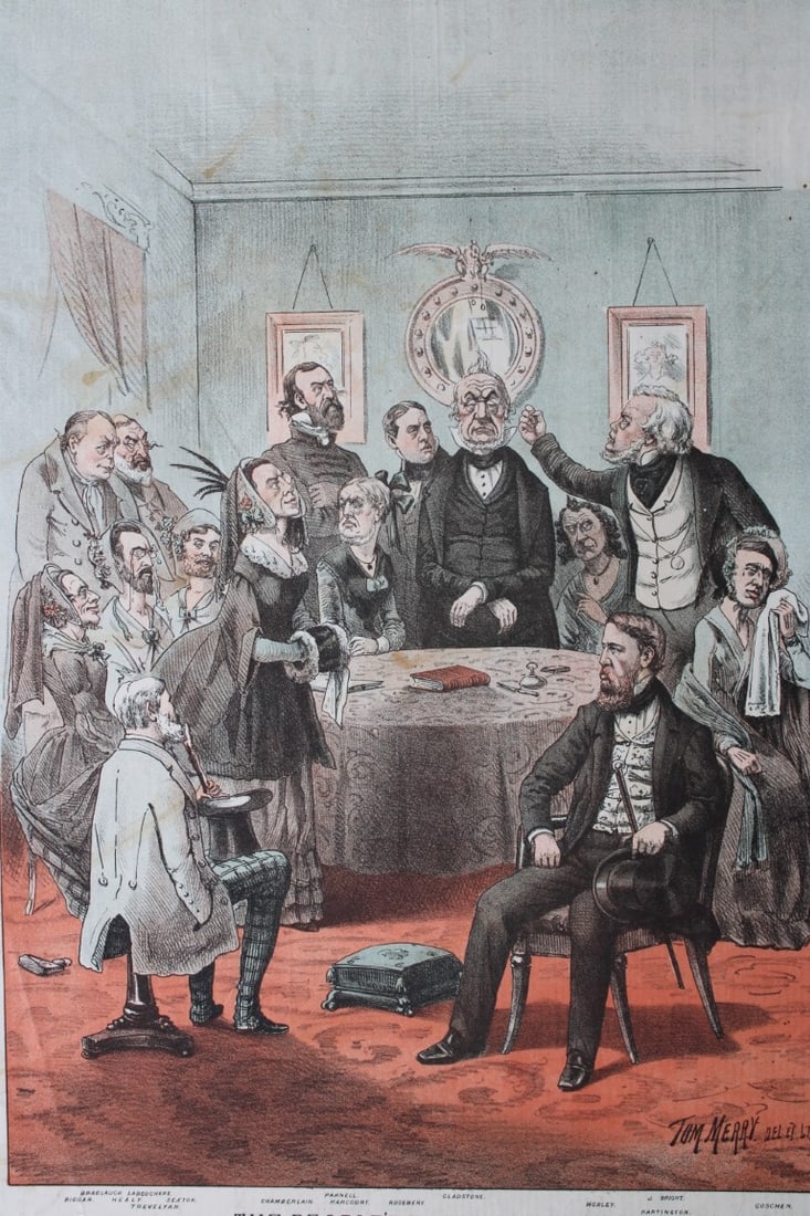 Tom Merry political cartoon - The People's Pecksniff No. 4 1887: This single page coloured lithograph is from St Stephen?s review by Tom Merry (the pseudonym of William Mecham). Merry was a cartoonist and political satirist who created the centrespread, in colour,