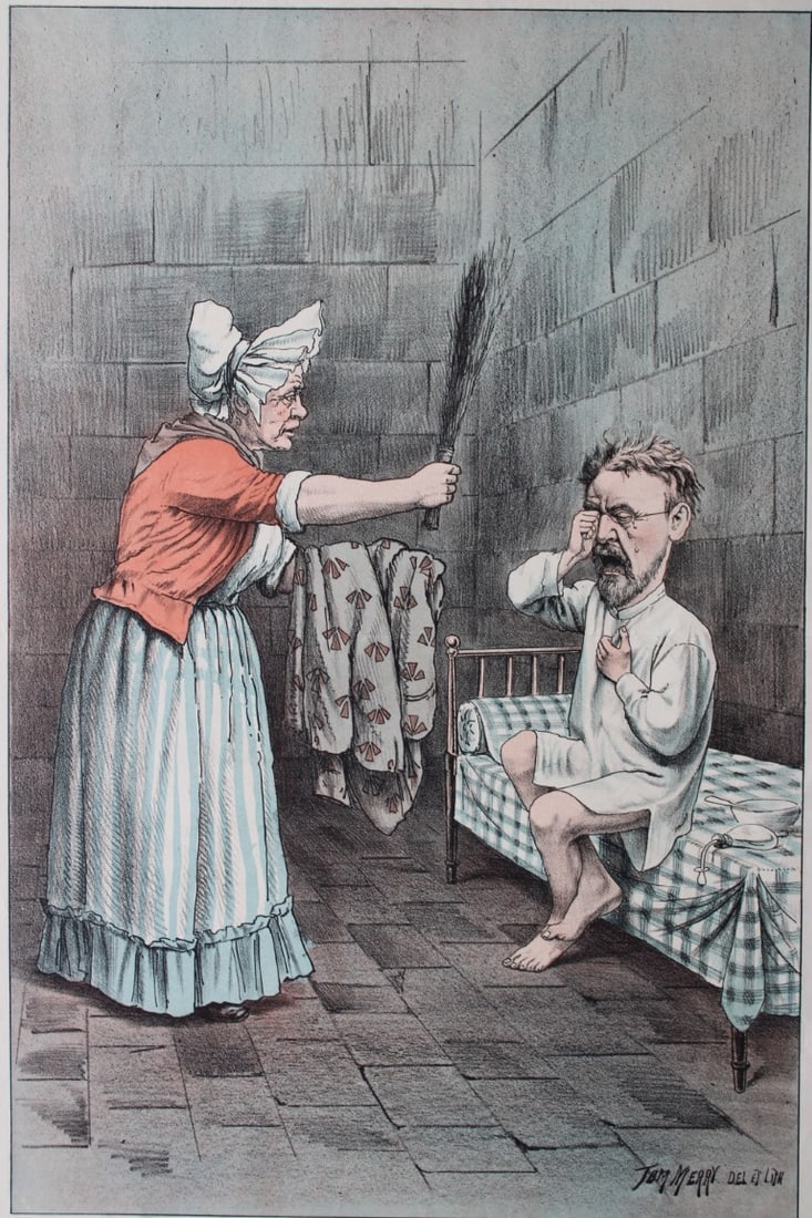 Tom Merry political cartoon - The Naughty Boy and his New Clothes 1887: This single page coloured lithograph is from St Stephen?s review by Tom Merry (the pseudonym of William Mecham). Merry was a cartoonist and political satirist who created the centrespread, in colour,