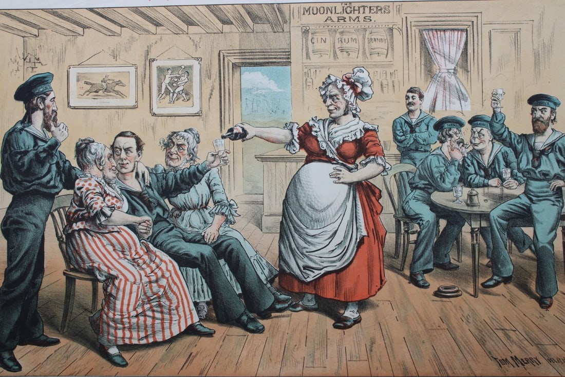 Tom Merry political cartoon - The Temptations of Joseph 1887: This double-page coloured lithograph is from St Stephen?s review by Tom Merry (the pseudonym of William Mecham). Merry was a cartoonist and political satirist who created the centrespread, in colour,