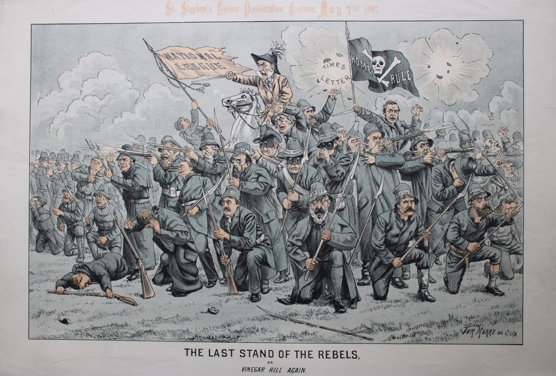 Tom Merry political cartoon - The Last Stand of the Rebels 1887: This double-page coloured lithograph is from St Stephen?s review by Tom Merry (the pseudonym of William Mecham). Merry was a cartoonist and political satirist who created the centrespread, in colour,