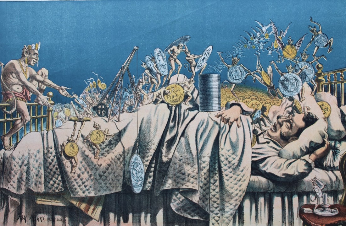 Tom Merry political cartoon - John Bull's nightmare 1887: This double-page coloured lithograph is from St Stephen?s review by Tom Merry (the pseudonym of William Mecham). Merry was a cartoonist and political satirist who created the centrespread, in colour,