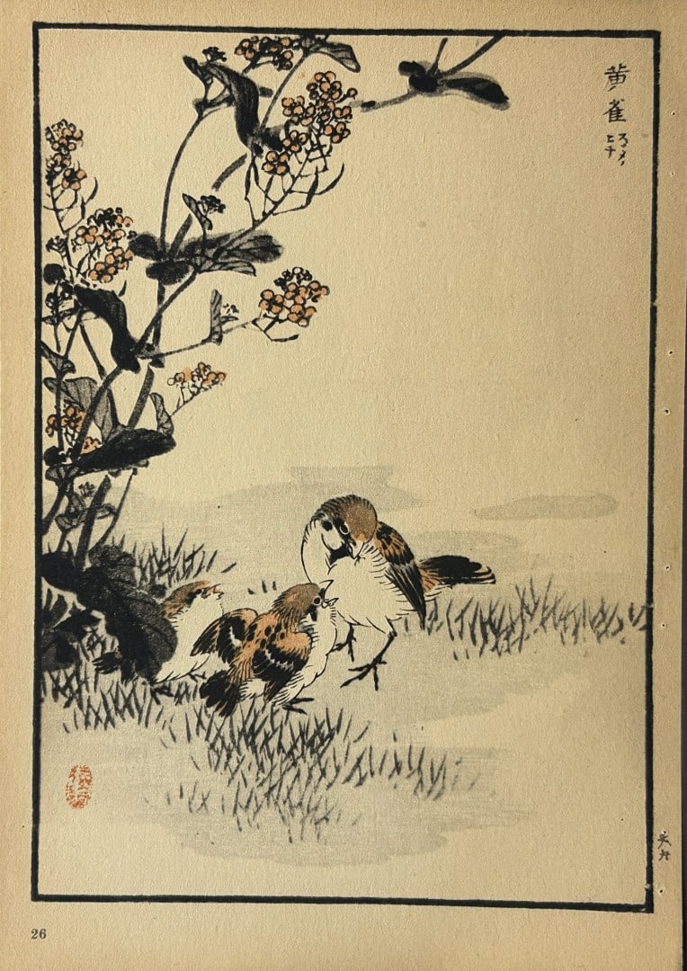 Kono Bairei - 2 Japanese woodblock prints of birds and flowers 1952: These woodblocks prints are from Vogel und Blumen (Birds and flowers) from Japanese master woodblock prints after the artist Kono Bairei.Published in Leipzig by Ernst Wunderlich Verlag, 1952.Size: 9.5