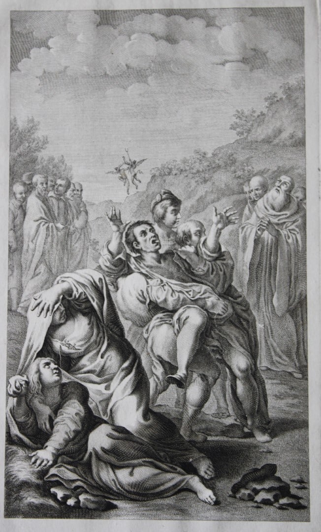 Lodovico Carracci - rare engraving of Cloisters in Bologne monastery 1776: This rare copper engraving is from Il Claustro di S. Michele in Bosco di Bologna dipinto dal famoso Lodovico Carracci e da altri Eccellenti Maestri usciti Dalla Sua Scuola descritto ed illustrato da G