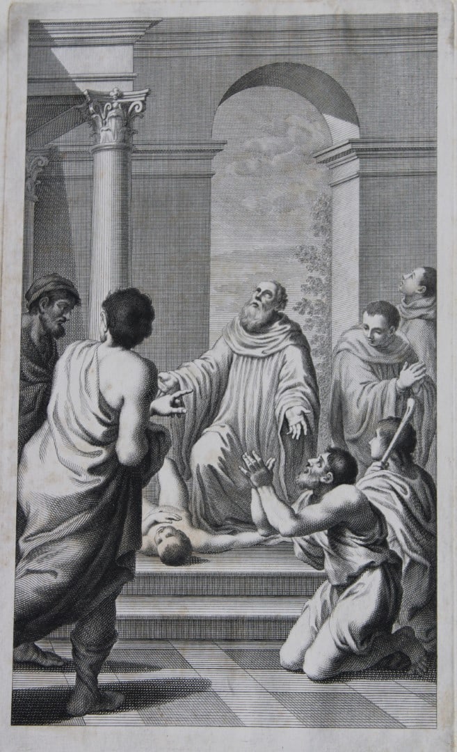 Lodovico Carracci - rare engraving of Cloisters in Bologne monastery 1776: This rare copper engraving is from Il Claustro di S. Michele in Bosco di Bologna dipinto dal famoso Lodovico Carracci e da altri Eccellenti Maestri usciti Dalla Sua Scuola descritto ed illustrato da G