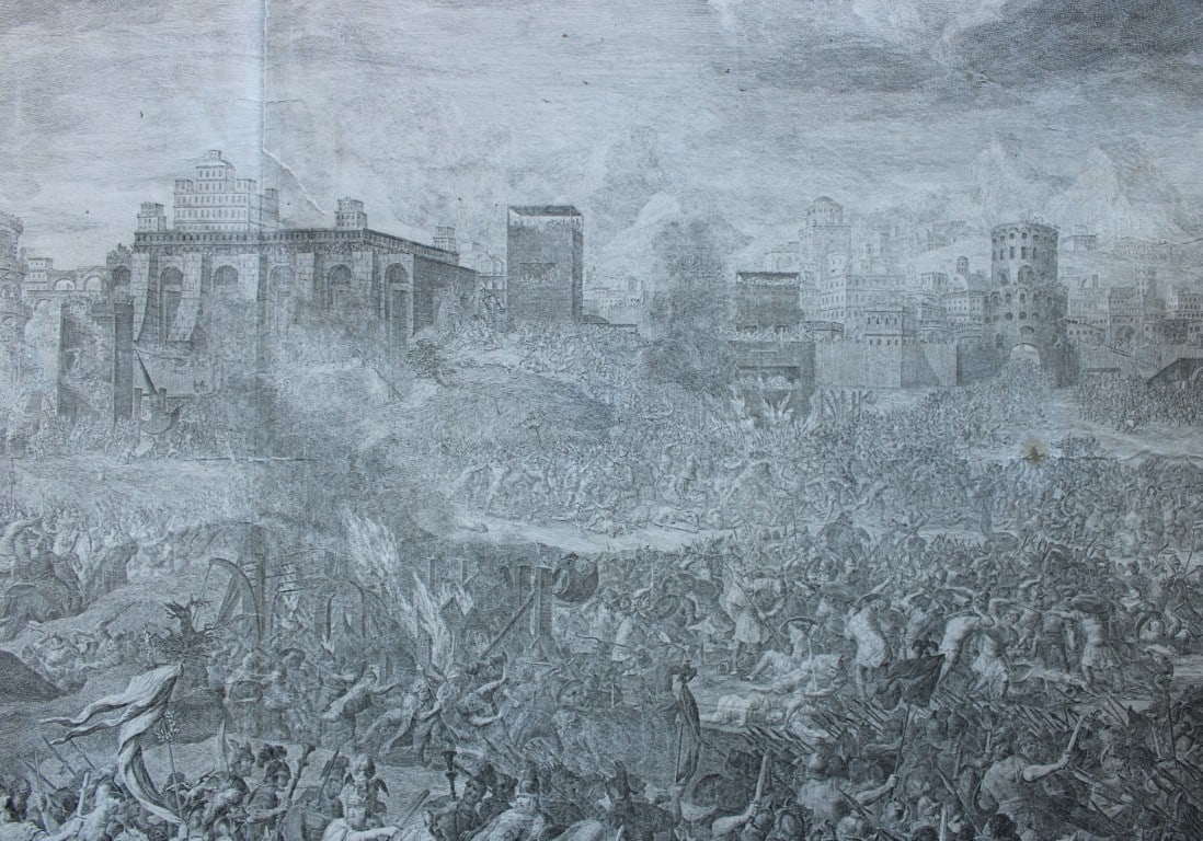 Johann Daniel Hertz - Rare engraving of the Siege of Jerusalem c1730: This rare 18th century print , drawn and engraved, by Johann Daniel Hertz the elder (1693-1754) portrays an extensive battle scene, thought to be the siege of Jerusalem in 1099. Johann Daniel Herz Sen