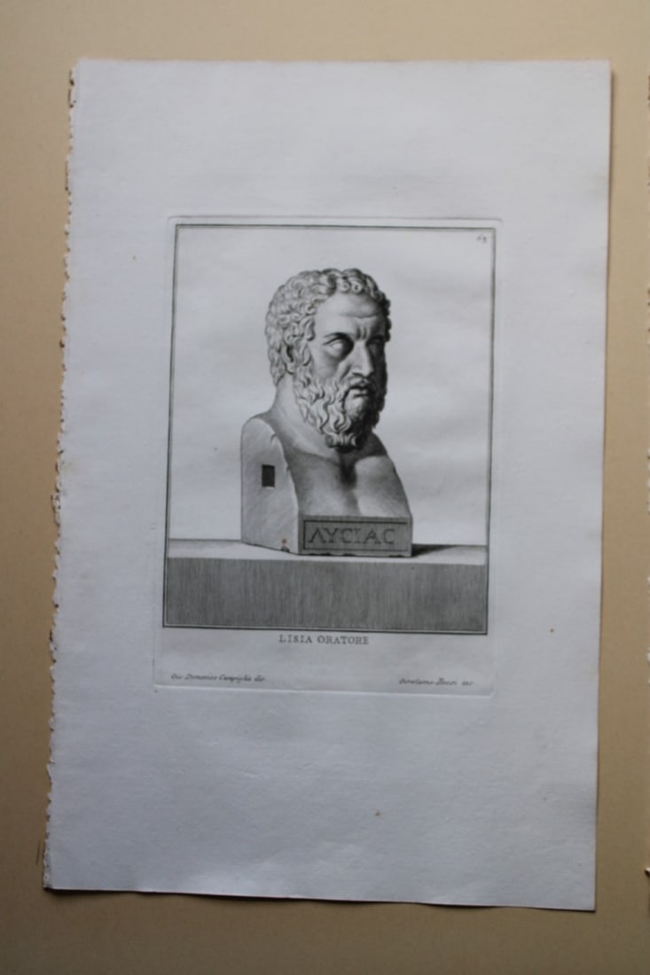 Giovanni Campiglia- Bust of Lisia by Pietro Parocel 1741: This engraving is from Del Museo Capitolino, Tomo I, Contente Immagi D'vomini illusti by Giovanni Bottari. Rome: si vente alla Calcografia Cambrale al Piede di Marmo 1741, Title translates as: Of the 