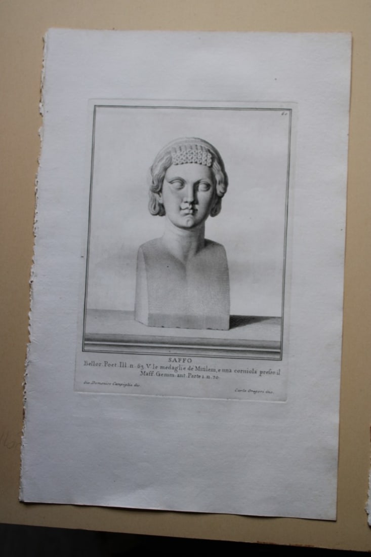 Giovanni Campiglia- Bust of Saffo by Carlo Gregori 1741: This engraving is from Del Museo Capitolino, Tomo I, Contente Immagi D'vomini illusti by Giovanni Bottari. Rome: si vente alla Calcografia Cambrale al Piede di Marmo 1741, Title translates as: Of the 