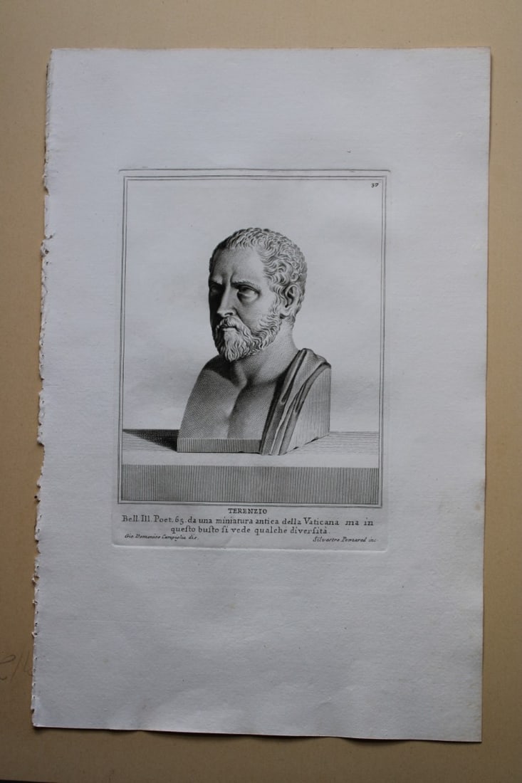 Giovanni Campiglia- Bust of Terenzio by Silvestro Pomared 1741: This engraving is from Del Museo Capitolino, Tomo I, Contente Immagi D'vomini illusti by Giovanni Bottari. Rome: si vente alla Calcografia Cambrale al Piede di Marmo 1741, Title translates as: Of the 