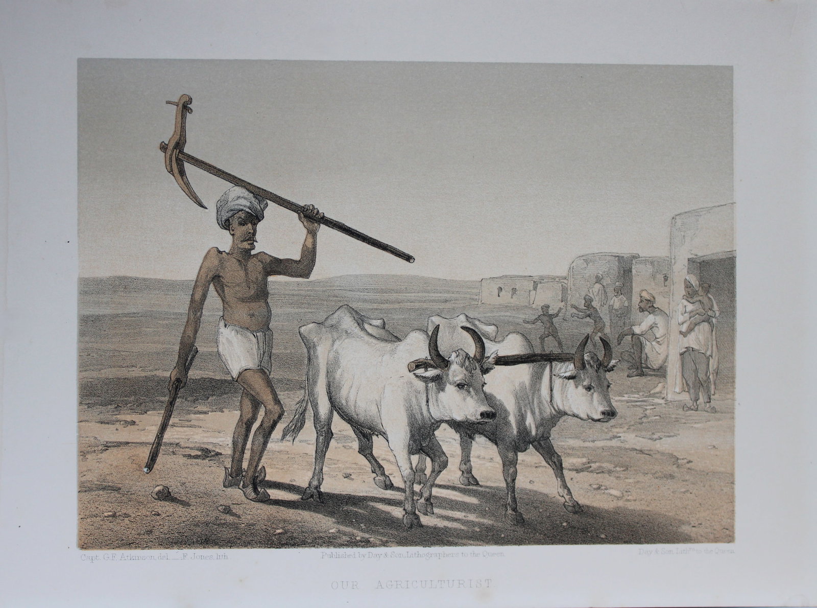 Capt. GF Atkinson - Our Agriculturists from Curry and Rice 1859: This tinted lithograph is after a drawing by Capt. George Francklin Atkinson from Curry and Rice on Forty Plates or The Ingredients of Social Life at our Station in India. Published by Day & Son, Lith