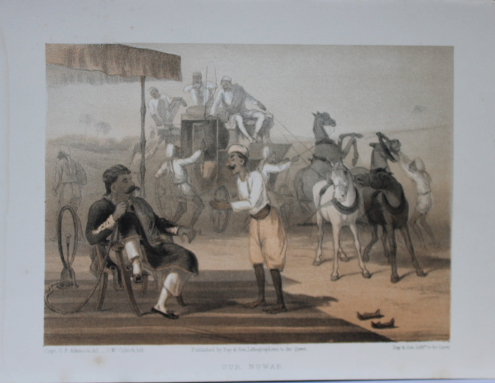 Capt. GF Atkinson - Our Nuwab from Curry and Rice 1859: This tinted lithograph is after a drawing by Capt. George Francklin Atkinson from Curry and Rice on Forty Plates or The Ingredients of Social Life at our Station in India. Published by Day & Son, Lith