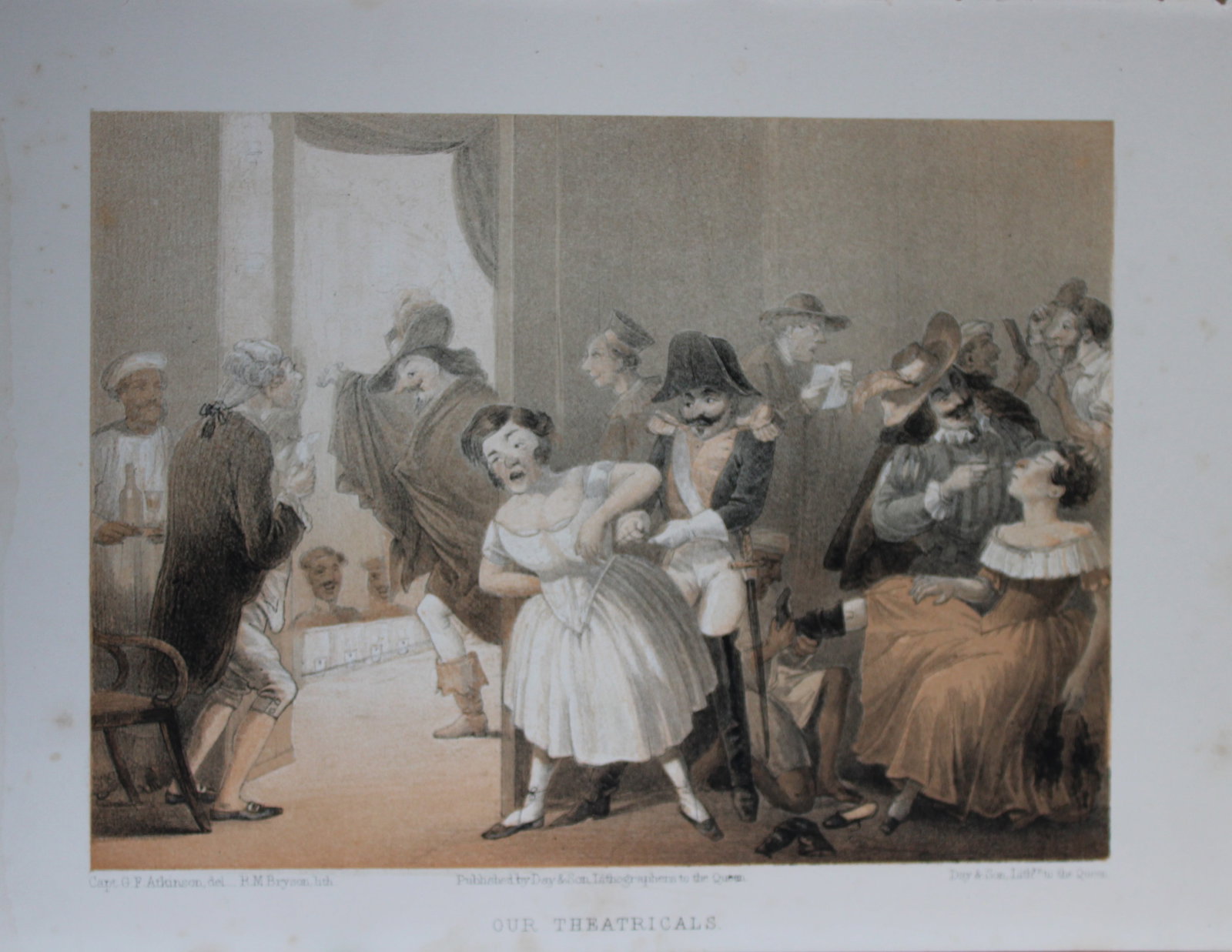 Capt. GF Atkinson - Our Theatricals from Curry and Rice 1859: This tinted lithograph is after a drawing by Capt. George Francklin Atkinson from Curry and Rice on Forty Plates or The Ingredients of Social Life at our Station in India. Published by Day & Son, Lith