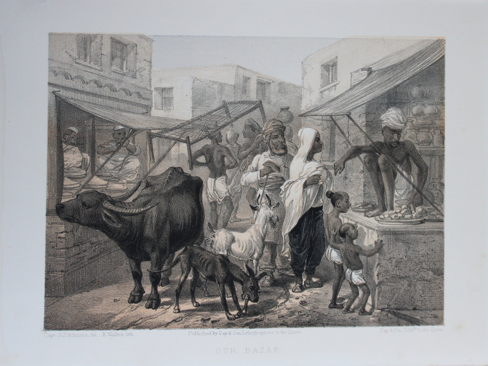 Capt. GF Atkinson - Our Bazar from Curry and Rice 1859: This tinted lithograph is after a drawing by Capt. George Francklin Atkinson from Curry and Rice on Forty Plates or The Ingredients of Social Life at our Station in India. Published by Day & Son, Lith