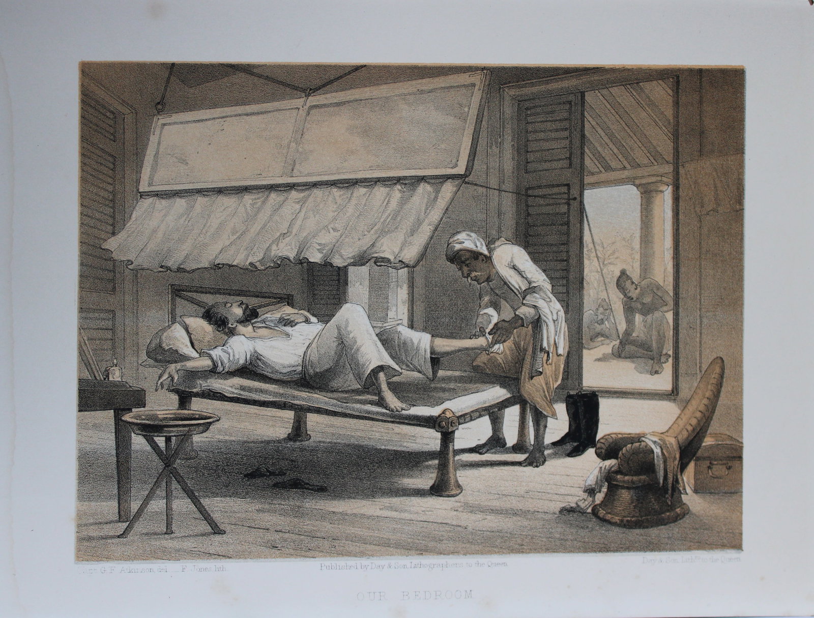 Capt. GF Atkinson - Our Bed Room from Curry and Rice 1859: This tinted lithograph is after a drawing by Capt. George Francklin Atkinson from Curry and Rice on Forty Plates or The Ingredients of Social Life at our Station in India. Published by Day & Son, Lith