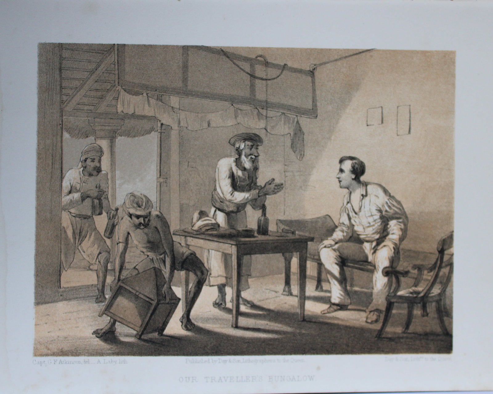 Capt. GF Atkinson - Our Traveller's Bungalow from Curry and Rice 1859: This tinted lithograph is after a drawing by Capt. George Francklin Atkinson from Curry and Rice on Forty Plates or The Ingredients of Social Life at our Station in India. Published by Day & Son, Lith