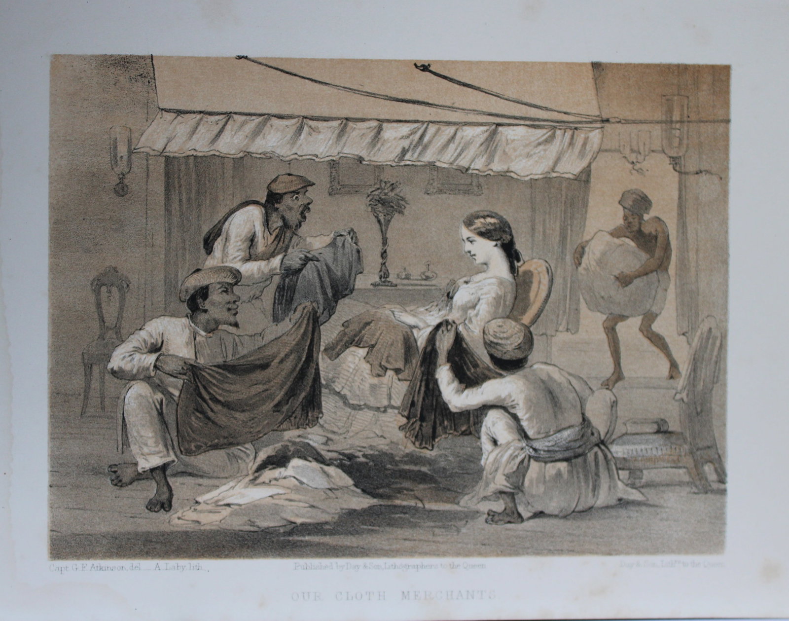 Capt. GF Atkinson - Our Cloth Merchants from Curry and Rice 1859: This tinted lithograph is after a drawing by Capt. George Francklin Atkinson from Curry and Rice on Forty Plates or The Ingredients of Social Life at our Station in India. Published by Day & Son, Lith