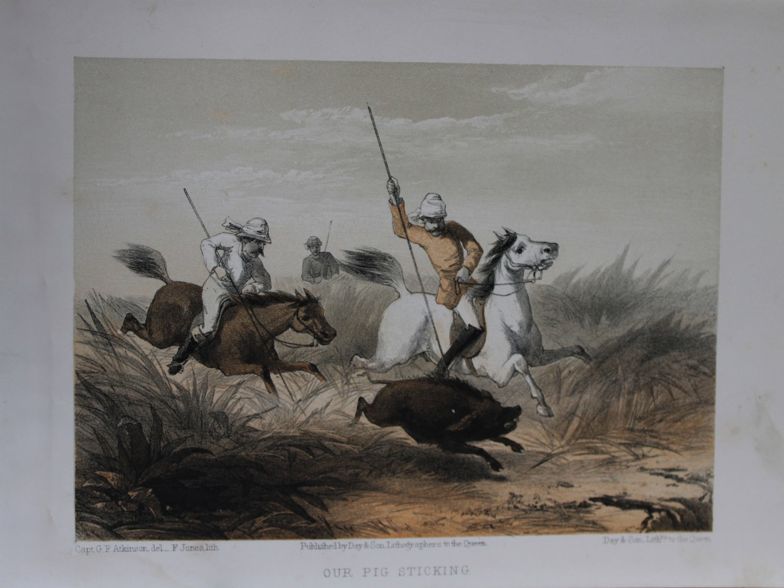 Capt. GF Atkinson - Our Pig-Sticking from Curry and Rice 1859: This tinted lithograph is after a drawing by Capt. George Francklin Atkinson from Curry and Rice on Forty Plates or The Ingredients of Social Life at our Station in India. Published by Day & Son, Lith