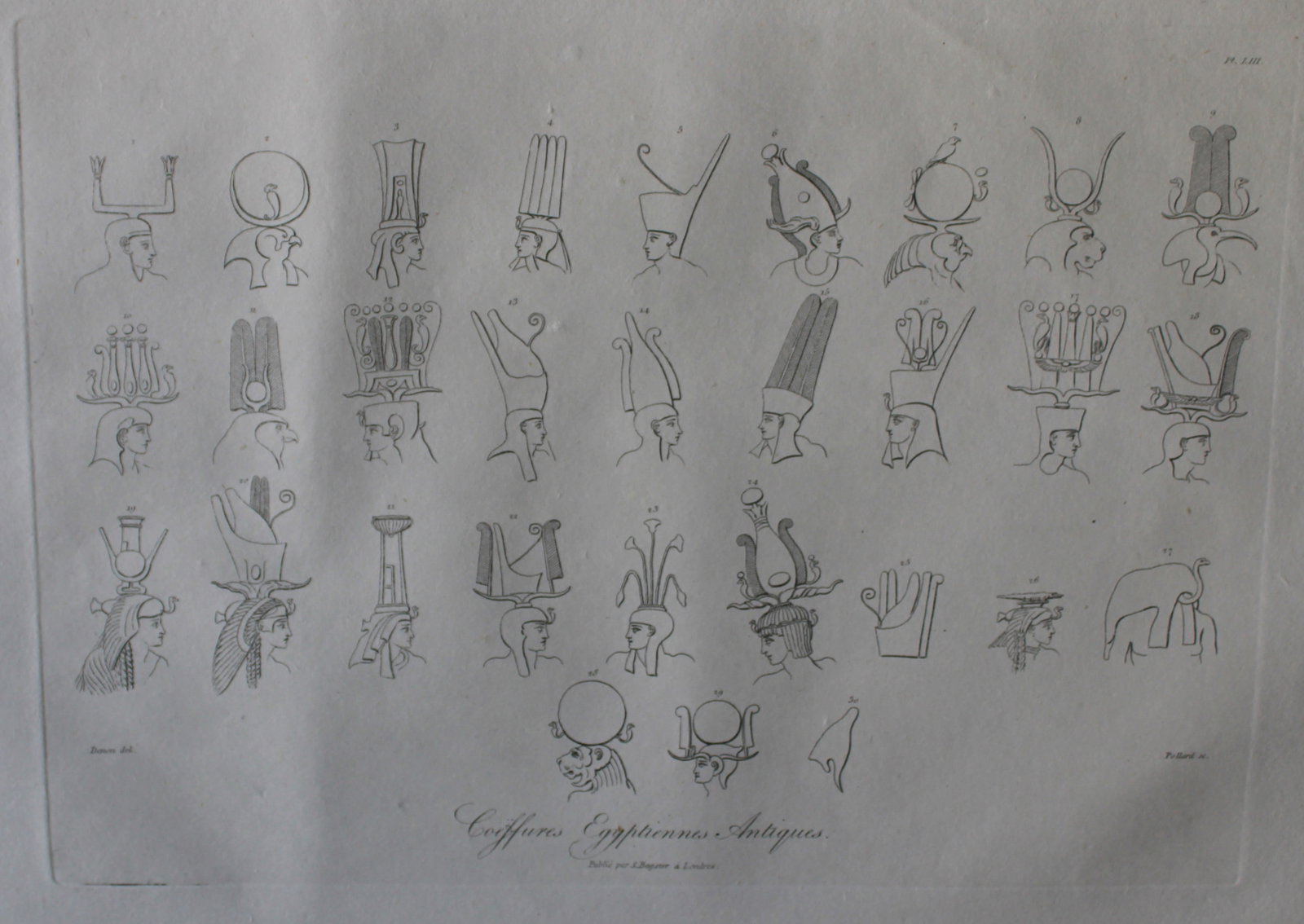 Coiffures Egyptiennes Antiques by Vivant Denon 1807: This is plate 53 from the Voyage dans la Basse et la Haute-Egypte pendant les campagnes du General Bonaparte by Dominique Vivant Denon. Published by Samuel Bagster, London 1807.The first member of the