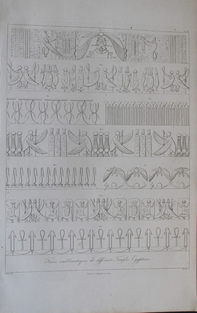 Frises emblematiques de Temples by Vivant Denon 1807: This is plate 57 from the Voyage dans la Basse et la Haute-Egypte pendant les campagnes du General Bonaparte by Dominique Vivant Denon. Published by Samuel Bagster, London 1807.The first member of the