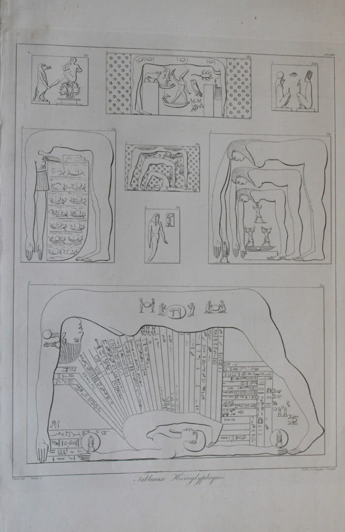 Tableaux Hieroglyphiques by Vivant Denon 1807: This is plate 71 from the Voyage dans la Basse et la Haute-Egypte pendant les campagnes du General Bonaparte by Dominique Vivant Denon. Published by Samuel Bagster, London 1807.The first member of the