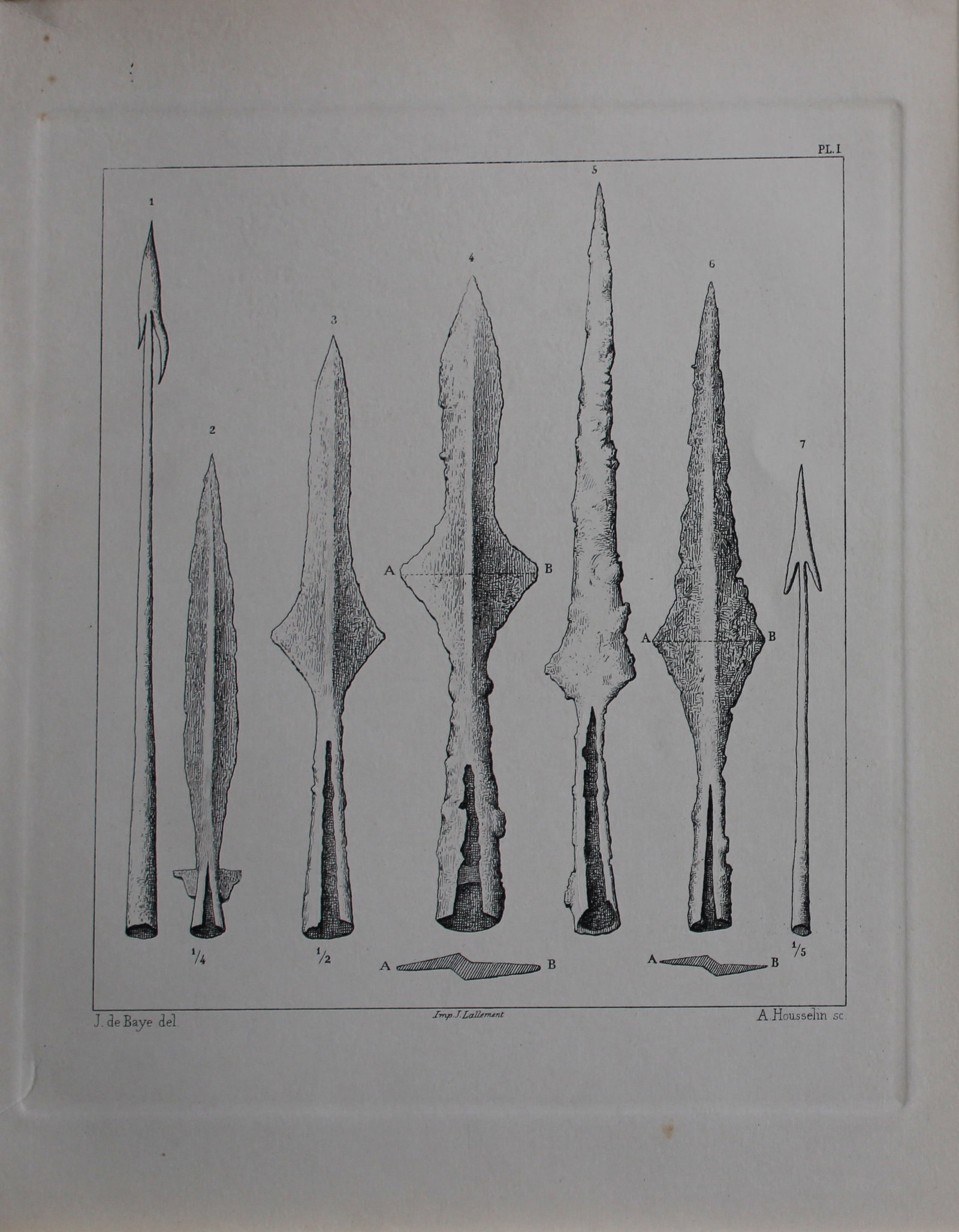 J de Baye - Anglo-Saxon Tools: Spears and Angons 1893: This print was engraved by A Housselm after drawings by the famous archaeologist and ethnographer Joseph Berthelot Baron de Baye (1853?1931).This Steel plate is from The Industrial Arts of the Anlgo-S