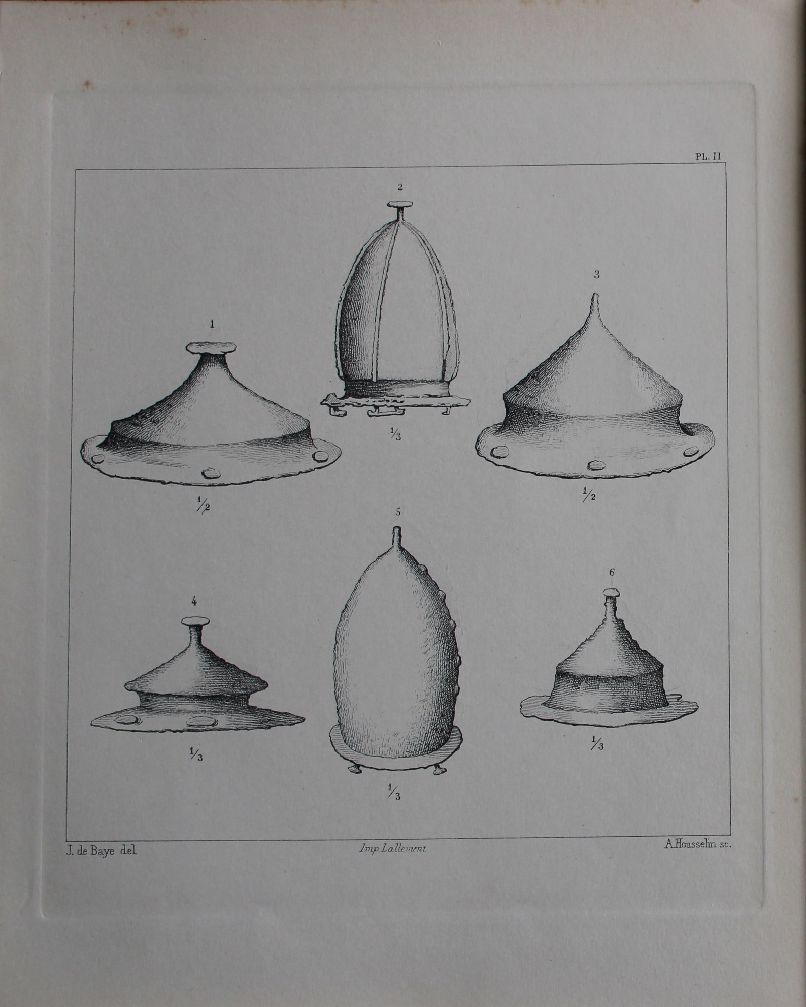 J de Baye - Anglo-Saxon Tools: Umbones 1893: This print was engraved by A Housselm after drawings by the famous archaeologist and ethnographer Joseph Berthelot Baron de Baye (1853?1931).This Steel plate is from The Industrial Arts of the Anlgo-S