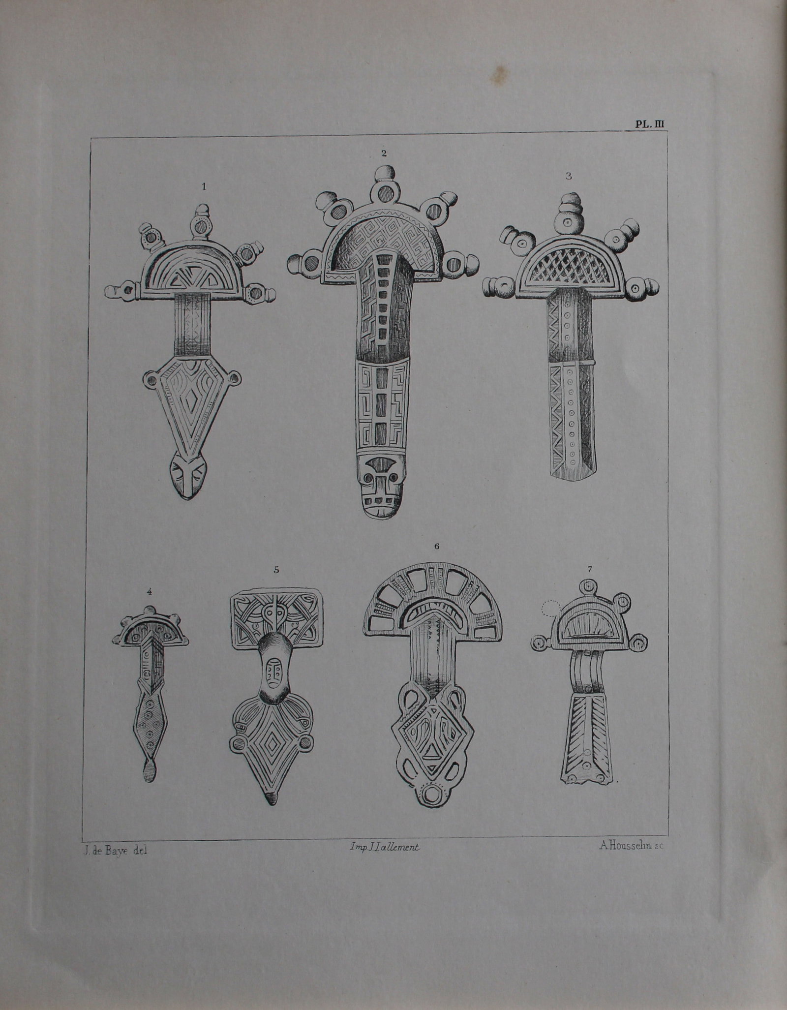 J de Baye - Anglo-Saxon Tools: Radiated Fibule 1893: This print was engraved by A Housselm after drawings by the famous archaeologist and ethnographer Joseph Berthelot Baron de Baye (1853?1931).This Steel plate is from The Industrial Arts of the Anlgo-S