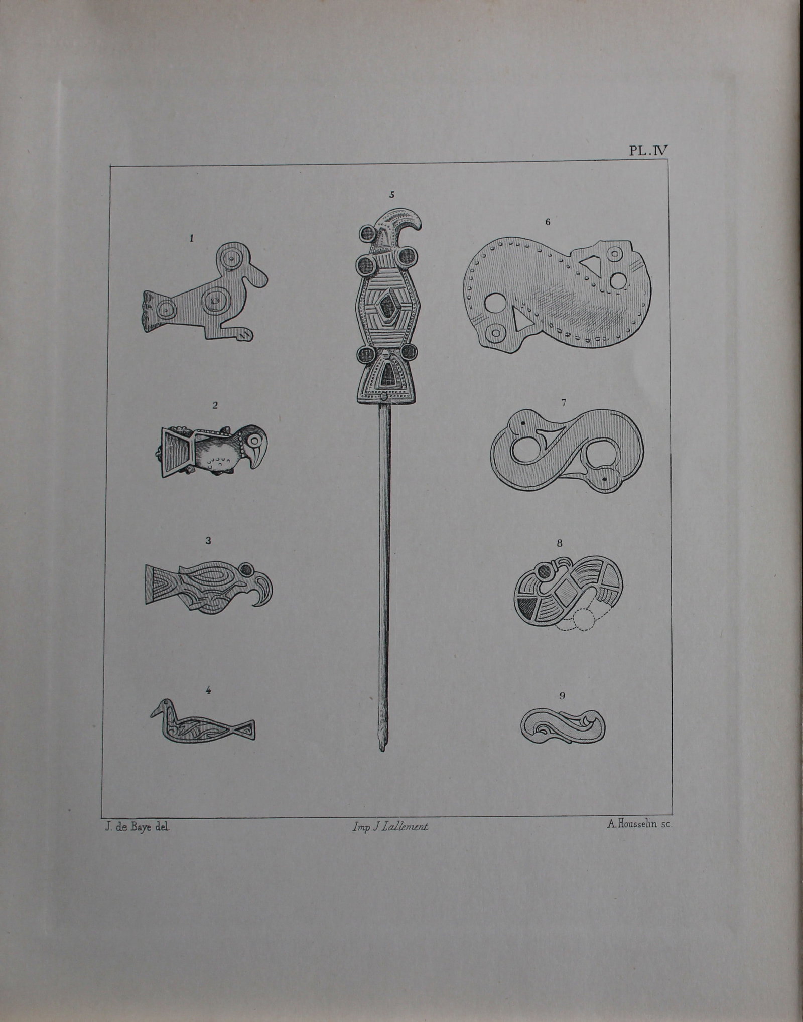 J de Baye - Anglo-Saxon Tools: Various Fibules 1893: This print was engraved by A Housselm after drawings by the famous archaeologist and ethnographer Joseph Berthelot Baron de Baye (1853?1931).This Steel plate is from The Industrial Arts of the Anlgo-S