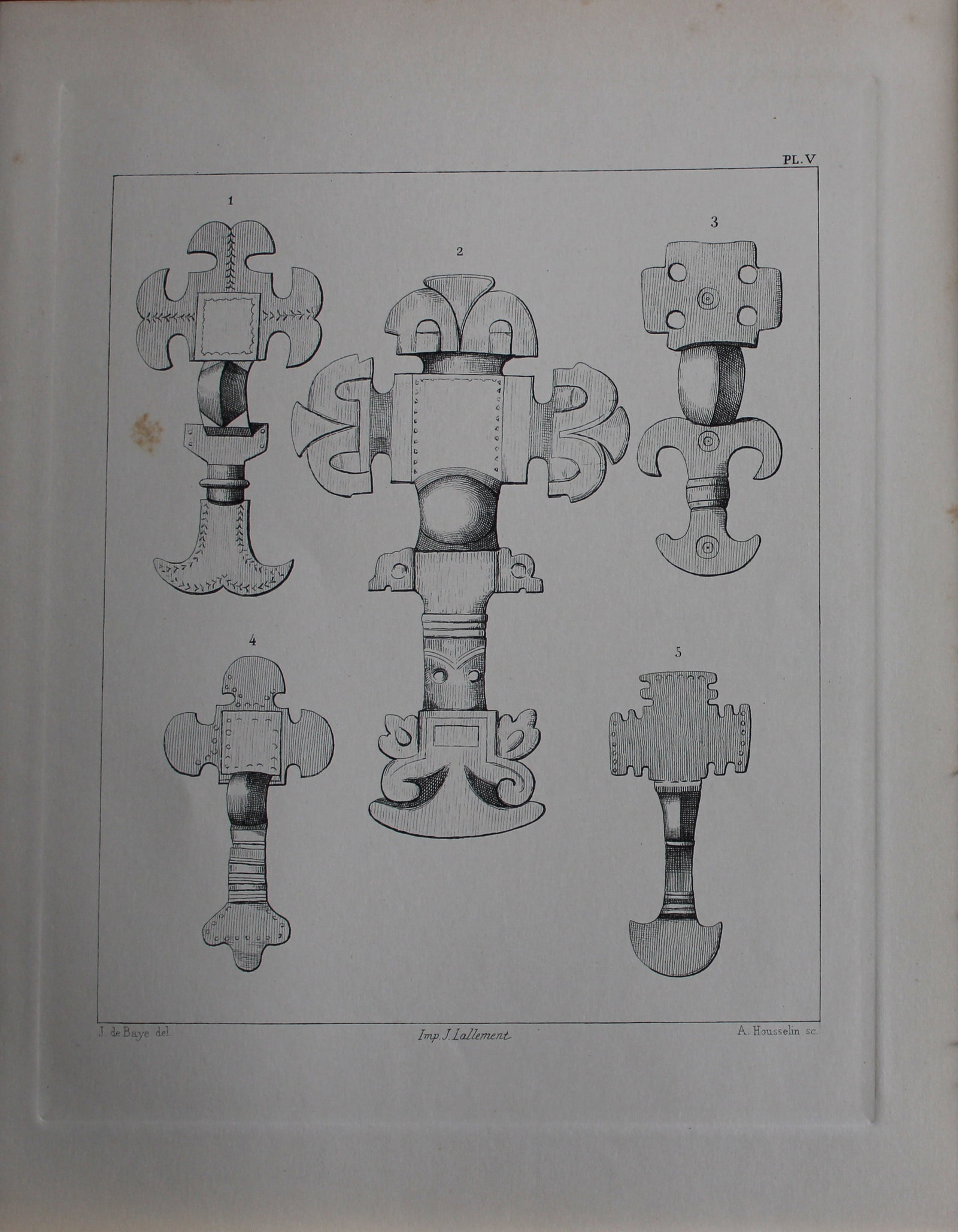 J de Baye - Anglo-Saxon Tools: Cruciform Fibule 1893: This print was engraved by A Housselm after drawings by the famous archaeologist and ethnographer Joseph Berthelot Baron de Baye (1853?1931).This Steel plate is from The Industrial Arts of the Anlgo-S