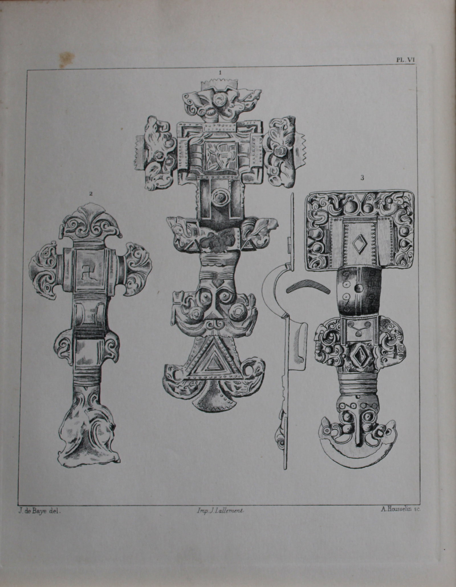 J de Baye - Anglo-Saxon Tools: Cruciform and Square-headed Fibule 1893: This print was engraved by A Housselm after drawings by the famous archaeologist and ethnographer Joseph Berthelot Baron de Baye (1853?1931).This Steel plate is from The Industrial Arts of the Anlgo-S