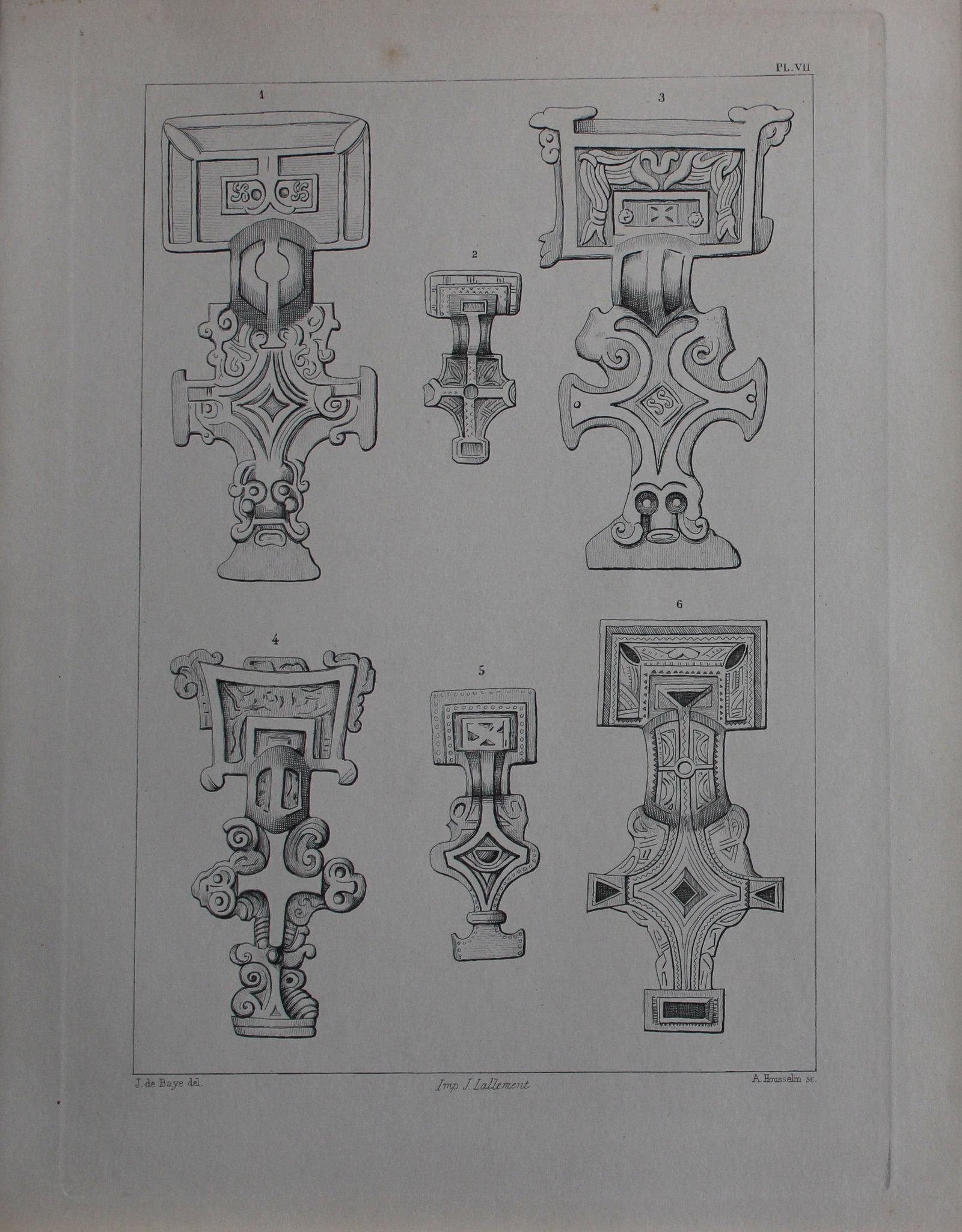 J de Baye - Anglo-Saxon Tools: Square-headed Fibule 1893: This print was engraved by A Housselm after drawings by the famous archaeologist and ethnographer Joseph Berthelot Baron de Baye (1853?1931).This Steel plate is from The Industrial Arts of the Anlgo-S