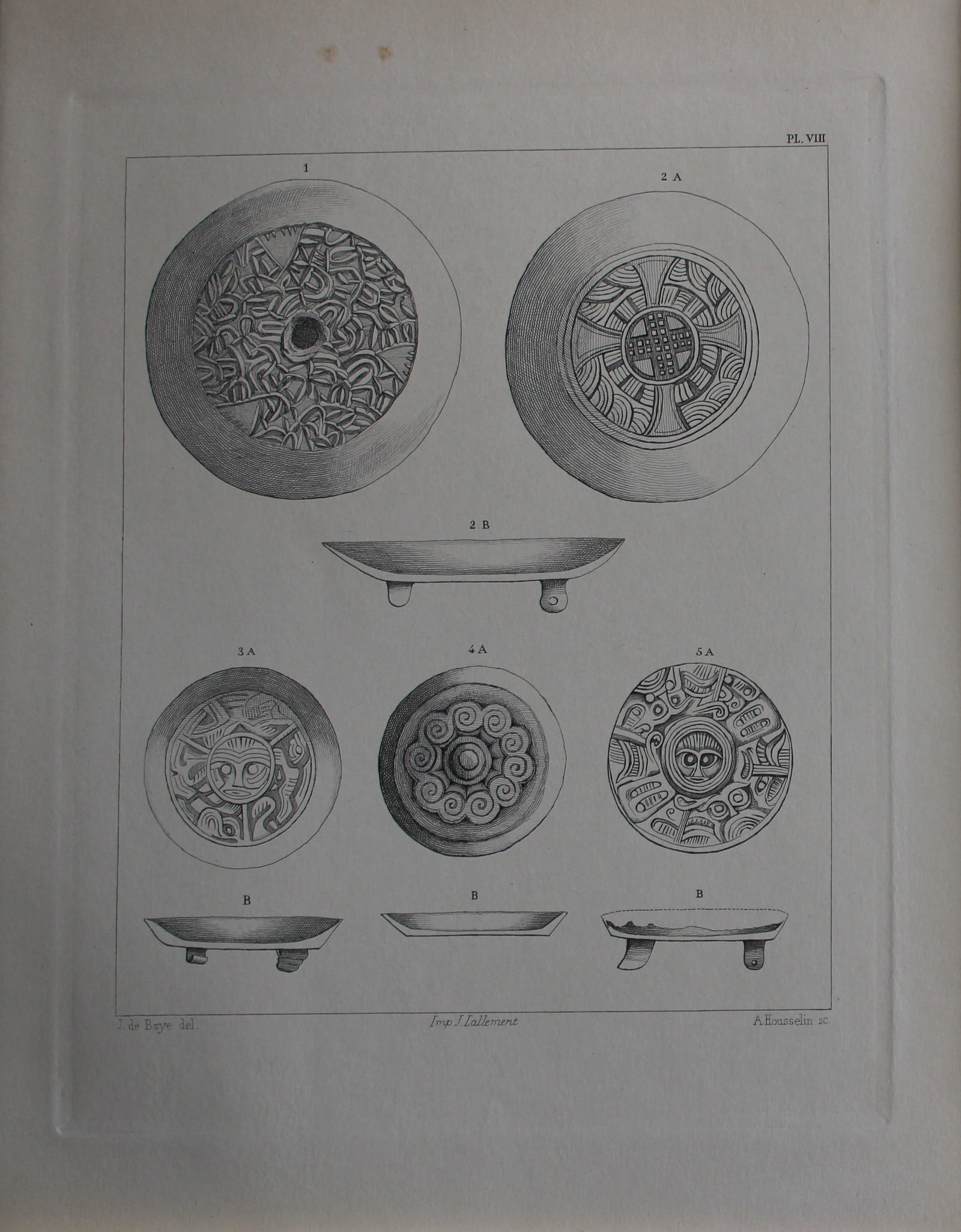 J de Baye - Anglo-Saxon Tools: Saucer-shaped Fibule 1893: This print was engraved by A Housselm after drawings by the famous archaeologist and ethnographer Joseph Berthelot Baron de Baye (1853?1931).This Steel plate is from The Industrial Arts of the Anlgo-S