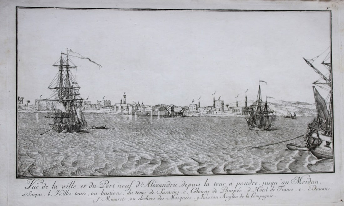 Port of Alexandria by Capt. FL Norden 1792: This copperplate engraving is from The Antiquities, Natural History, Ruins and Other Curiosities of Egypt, Nubia and Thebes by Frederic Lewis (or Ludvig) Norden. Printed for Edward Jeffreys, London 17