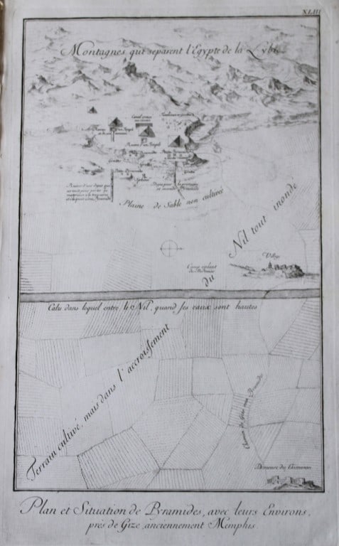 Plan of Pyramids by Capt. FL Norden 1792: This copperplate engraving is from The Antiquities, Natural History, Ruins and Other Curiosities of Egypt, Nubia and Thebes by Frederic Lewis (or Ludvig) Norden. Printed for Edward Jeffreys, London 17