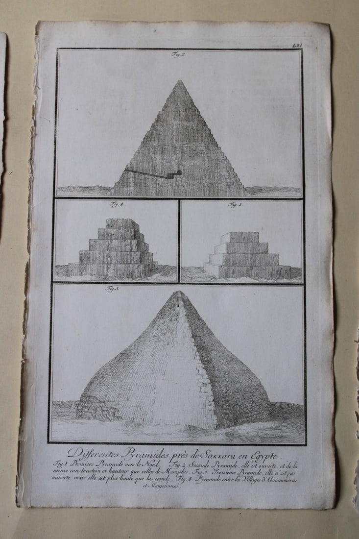 Different pyramids by Capt. FL Norden 1792: This copperplate engraving is from The Antiquities, Natural History, Ruins and Other Curiosities of Egypt, Nubia and Thebes by Frederic Lewis (or Ludvig) Norden. Printed for Edward Jeffreys, London 17