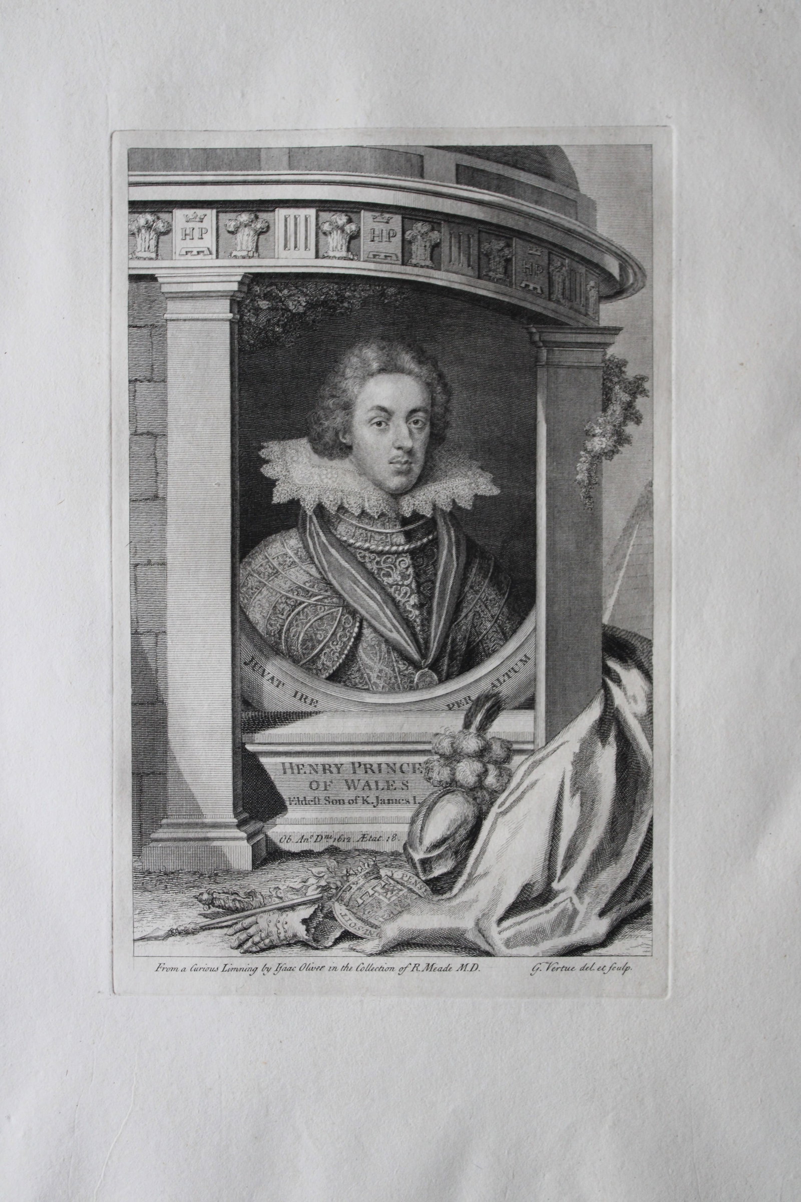 George Vertue - Rare folio engraving Henry, Prince of Wales 1736: A rare original large format engraving by George Vertue from The Heads of the Kings of England proper for Mr. Rapin's History. Published by James, John, and Paul Knapton 1736. Originally issued in Rap