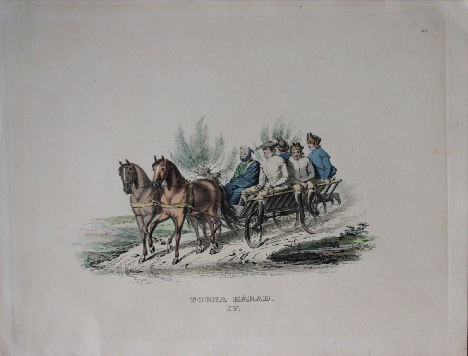 Forssell and Sandberg - Hand coloured lithograph of Torna Harad, Sweden by Forssell 1836: This hand-coloured lithograph of Swedish folk costumes and views is from Une Annee en Suede (A year in Sweden) by CD Forssell and JG Sandberg. Published by LJ Hjerta, Stockholm 1836.The plates depict 