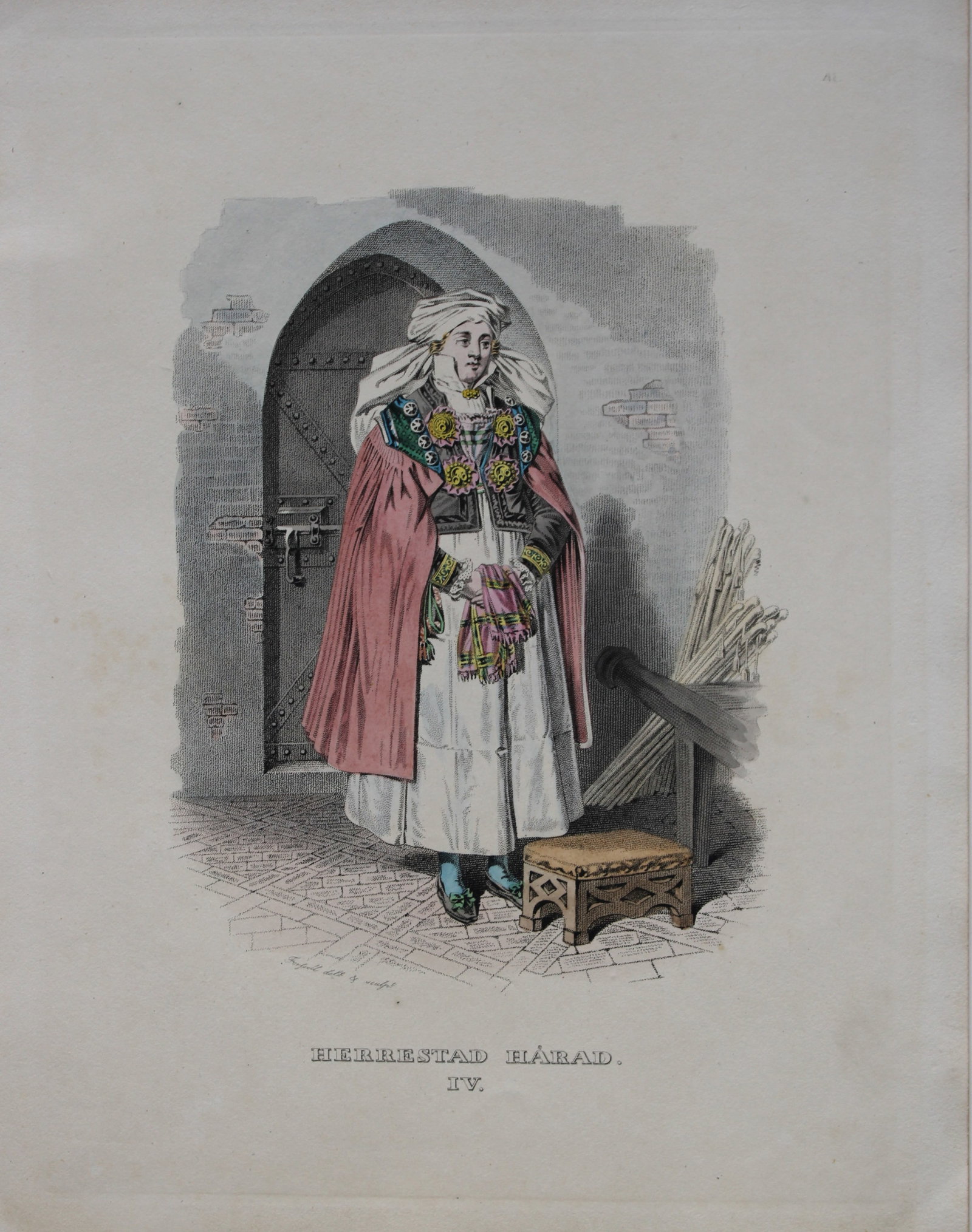 Forssell and Sandberg - Hand coloured lithograph of Herrestad Harad, Sweden by Forssell 1836: This hand-coloured lithograph of Swedish folk costumes and views is from Une Annee en Suede (A year in Sweden) by CD Forssell and JG Sandberg. Published by LJ Hjerta, Stockholm 1836.The plates depict 