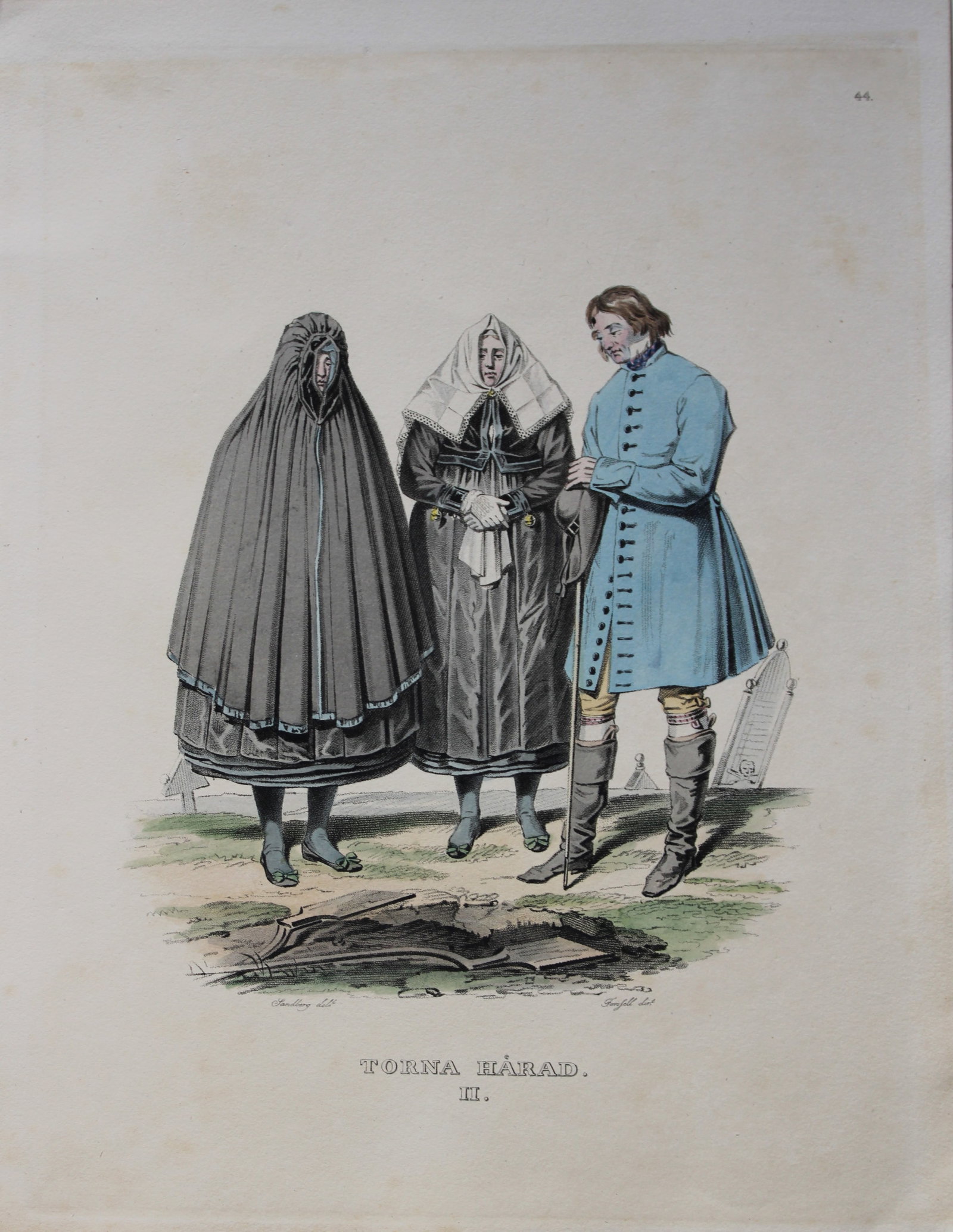 Forssell and Sandberg - Hand coloured lithograph of Torna Harad, Sweden by Forssell 1836: This hand-coloured lithograph of Swedish folk costumes and views is from Une Annee en Suede (A year in Sweden) by CD Forssell and JG Sandberg. Published by LJ Hjerta, Stockholm 1836.The plates depict 