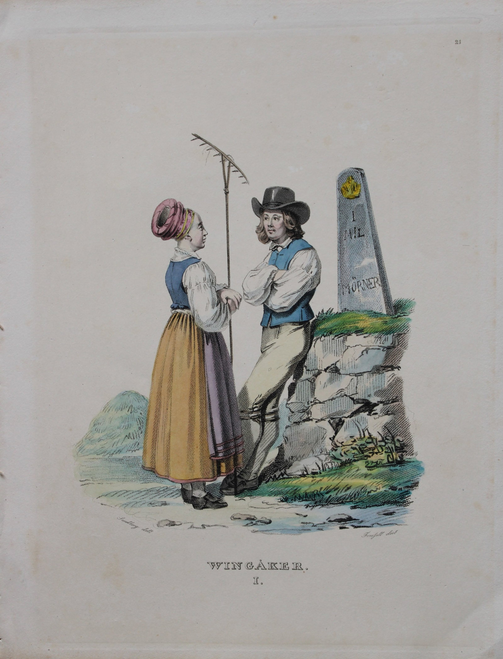 Forssell and Sandberg - Hand coloured lithograph of Wingaker, Sweden by Forssell 1836: This hand-coloured lithograph of Swedish folk costumes and views is from Une Annee en Suede (A year in Sweden) by CD Forssell and JG Sandberg. Published by LJ Hjerta, Stockholm 1836.The plates depict 