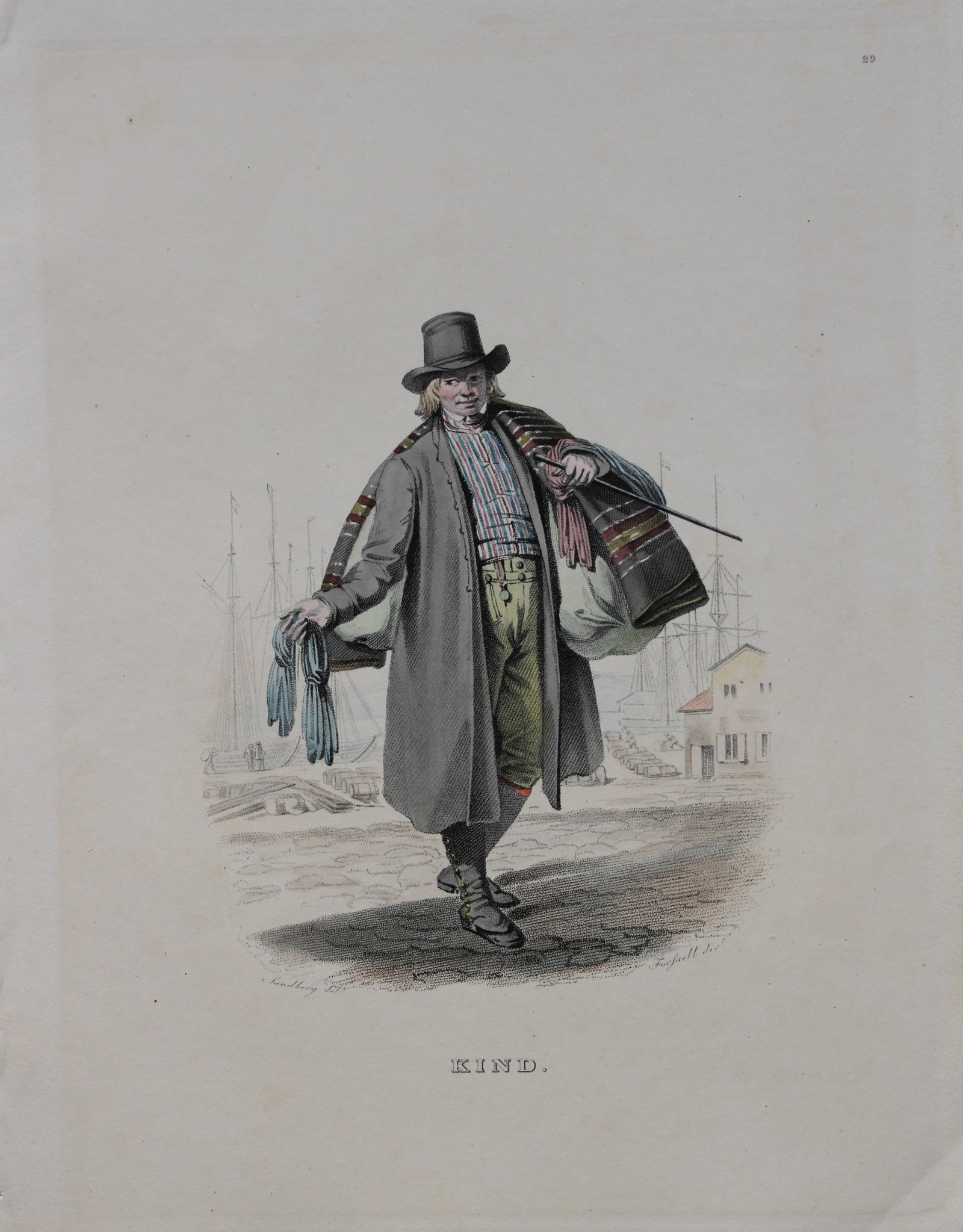 Forssell and Sandberg - Hand coloured lithograph of Kind, Sweden by Forssell 1836: This hand-coloured lithograph of Swedish folk costumes and views is from Une Annee en Suede (A year in Sweden) by CD Forssell and JG Sandberg. Published by LJ Hjerta, Stockholm 1836.The plates depict 