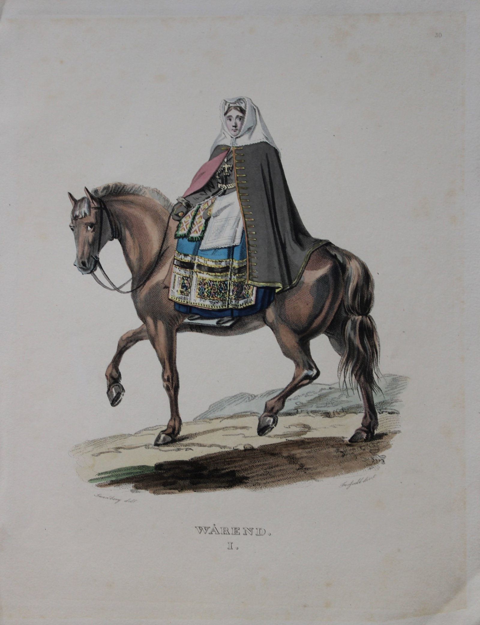Forssell and Sandberg - Hand coloured lithograph of Warend, Sweden by Forssell 1836: This hand-coloured lithograph of Swedish folk costumes and views is from Une Annee en Suede (A year in Sweden) by CD Forssell and JG Sandberg. Published by LJ Hjerta, Stockholm 1836.The plates depict 