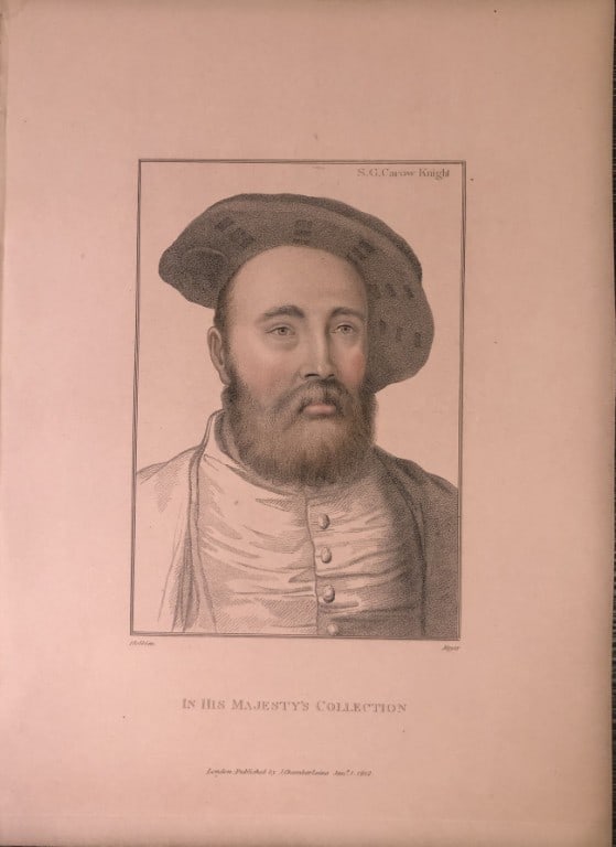 Hans Holbein - Portrait of Sir George Carew 1812: This stipple engraving is from Portraits of Illustrious Personages of the Court of Henry VIII: Engraved in Imitation of the Original Drawings of Hans Holbein, in the Collection of His Majesty. With a 