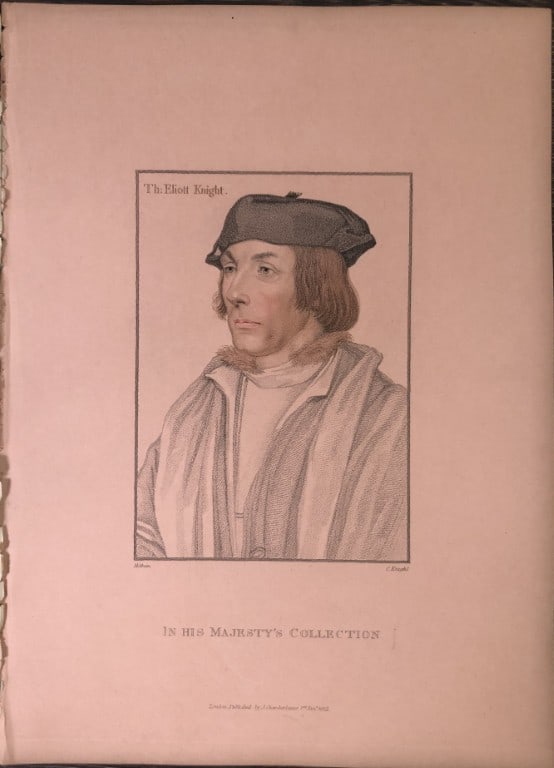Hans Holbein - Portrait of Sir Thomas Elyot 1812: This stipple engraving is from Portraits of Illustrious Personages of the Court of Henry VIII: Engraved in Imitation of the Original Drawings of Hans Holbein, in the Collection of His Majesty. With a 