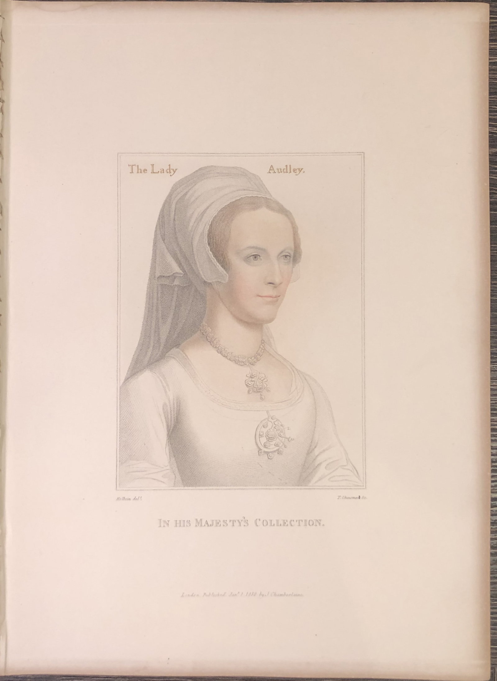 Hans Holbein - Portrait of Lady Audley 1812: This stipple engraving is from Portraits of Illustrious Personages of the Court of Henry VIII: Engraved in Imitation of the Original Drawings of Hans Holbein, in the Collection of His Majesty. With a 